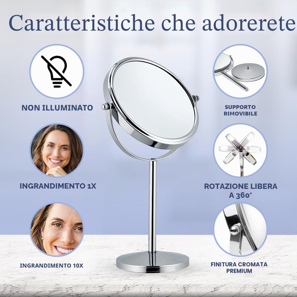 Mirrorvana Specchio Trucco Ingranditore 10X / 1X, Specchio da Tavolo da Bagno, Specchietto Telescopico x10 per Truccarsi, Specchio da Appoggio, 18cm (Cromato)