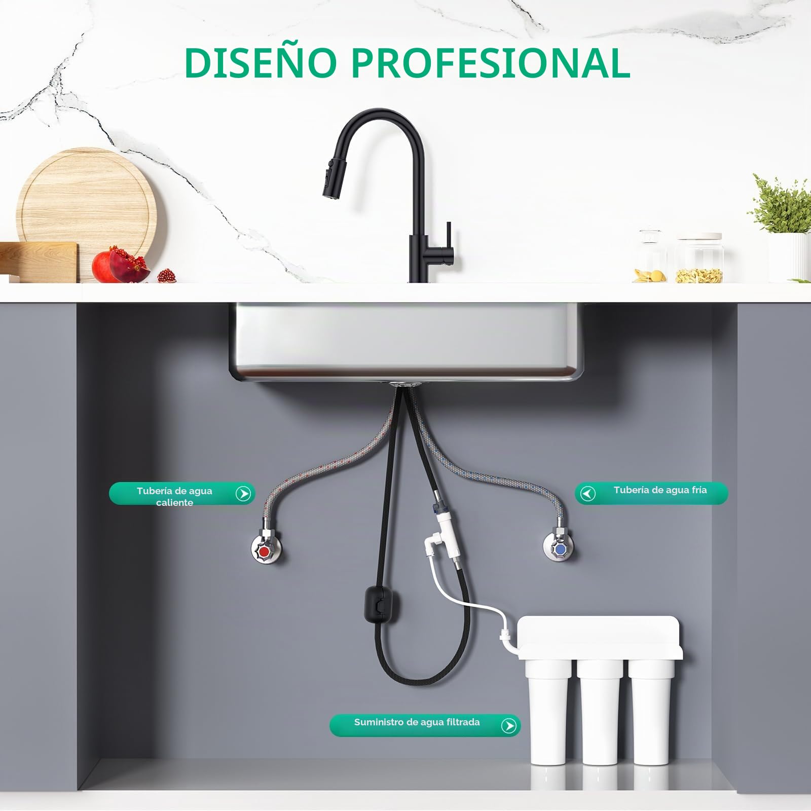 CREA Grifo de cocina de 3 vías,3 En 1 Grifo De Fregadero,Negro Mate | Giratorio a 360° Grifo Monomando Fregadero De Cocina Para Filtro De Agua , De Cocina Para Sistemas De Ósmosis