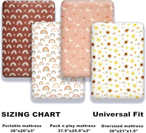 Miniatura 7 de Jola's House Paquete de 4 sábanas N Play Sábanas de cuna mini sábanas bohemias para guardería, diseño de sol y arco iris, sábanas ajustables unisex