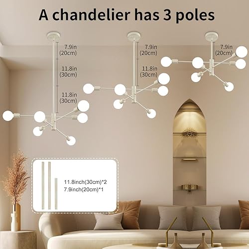 Miniatura 4 de Deyidn Candelabros Sputnik de oro frotado blanco, lámpara colgante moderna de mediados de siglo, 6 luces para dormitorio, cocina, sala de estar,