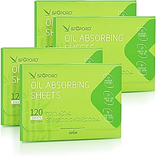 SFOPORDDIRECT Bamboo Charcoal Oil Blotting Sheets for Face - 4 Pack 480 Sheets, 20% More Makeup Friendly for Oily Skin