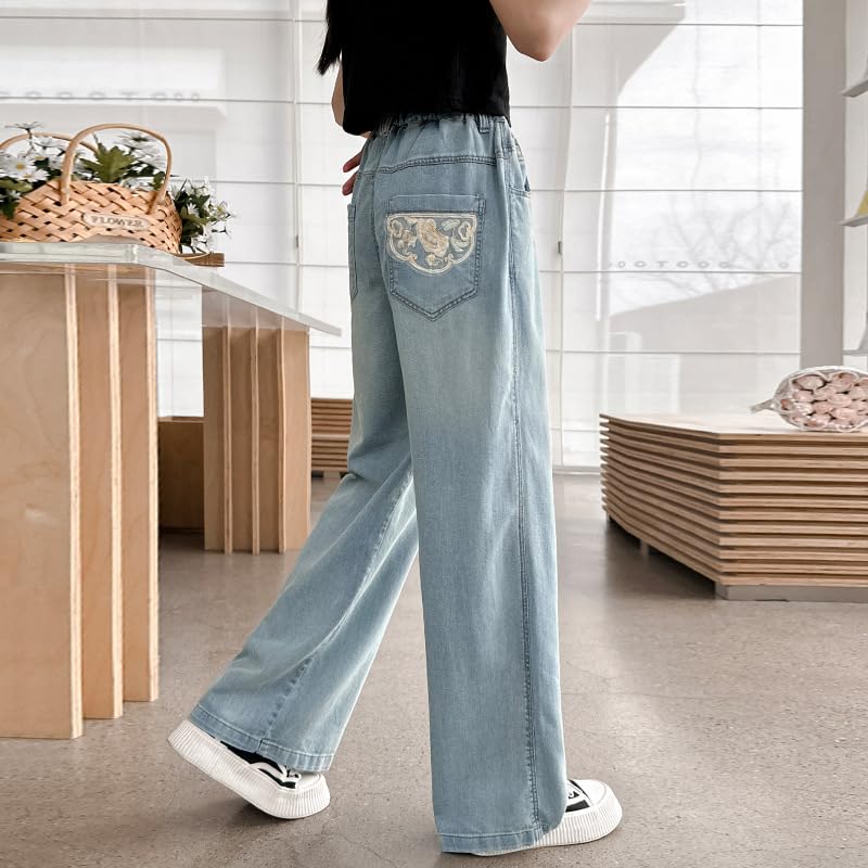 Girls Wide Leg Jeans Kids Baggy Elastic Waist Casual Ice Cool Denim Pants with Pockets2