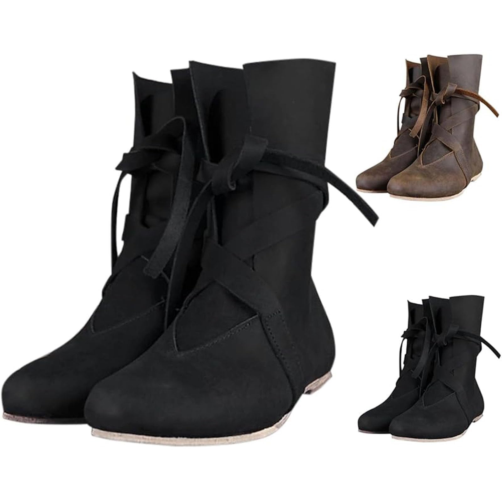 Mittelalter Schuhe Herren Damen,PU-Leder Retro Cowboystiefel für Cosplay Stiefel Weich Bequem Leder Freizeit Schuhe Flache Halbhohe Sommerstiefel Weich Bequem Schnürschuhe Leder Freizeitschuhe