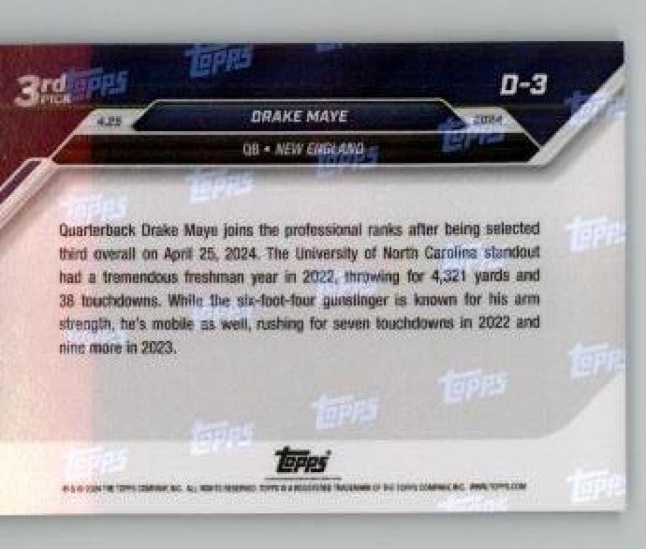 2024 Topps NOW #D-3 Drake Maye #3 Draft Pick RC Rookie New England Patriots NFL Football Trading Card
