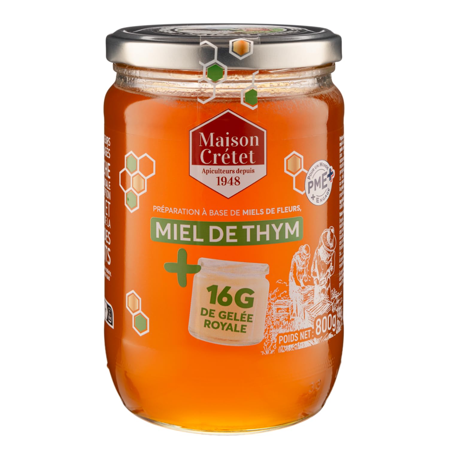Maison Crétet |Miel de thym et Gelée Royale | 16 g de gelée royale dans ce pot | Récolté dans les garrigues préservées | préparation en pot verre |grand format économique |800g