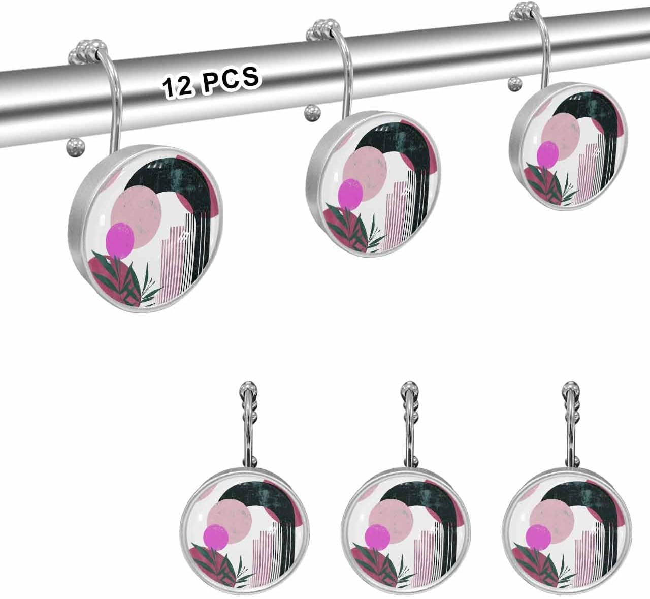 Boho Shower Curtain Hooks 12 Pcs Farmhouse Geometric Abstract Art Purple Black White Stainless Steel Rust Proof Rolling Shower Curtain Rings, Decorative Shower Curtain Hooks Hangers for Bathroom