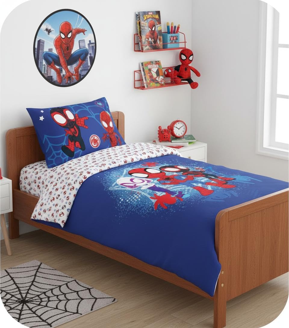 Marvel Spidey & Friends - Set copripiumino e federa, 60 x 65 cm, 100% cotone, morbido e traspirante, per bambini, motivo: Spidey & His