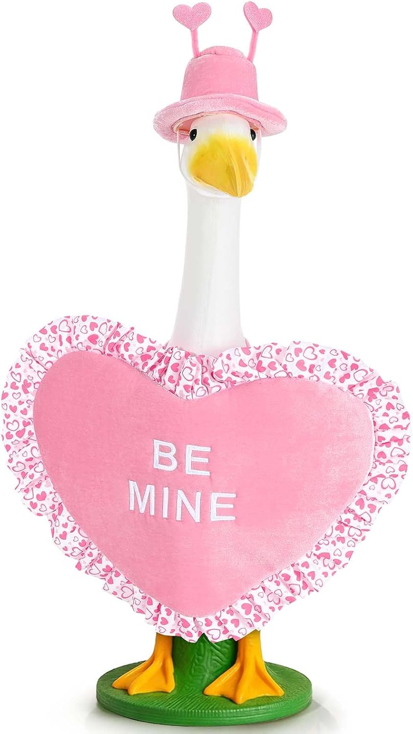 JcHrmers Valentine Goose Outfits Pink Heart Porch Goose Outfit Lawn Porch Goose Clothes Fits 23" Cement Plastic Goose Statue for Valentine's Day Outdoor Garden Yard Patio Art Decor (Pink)