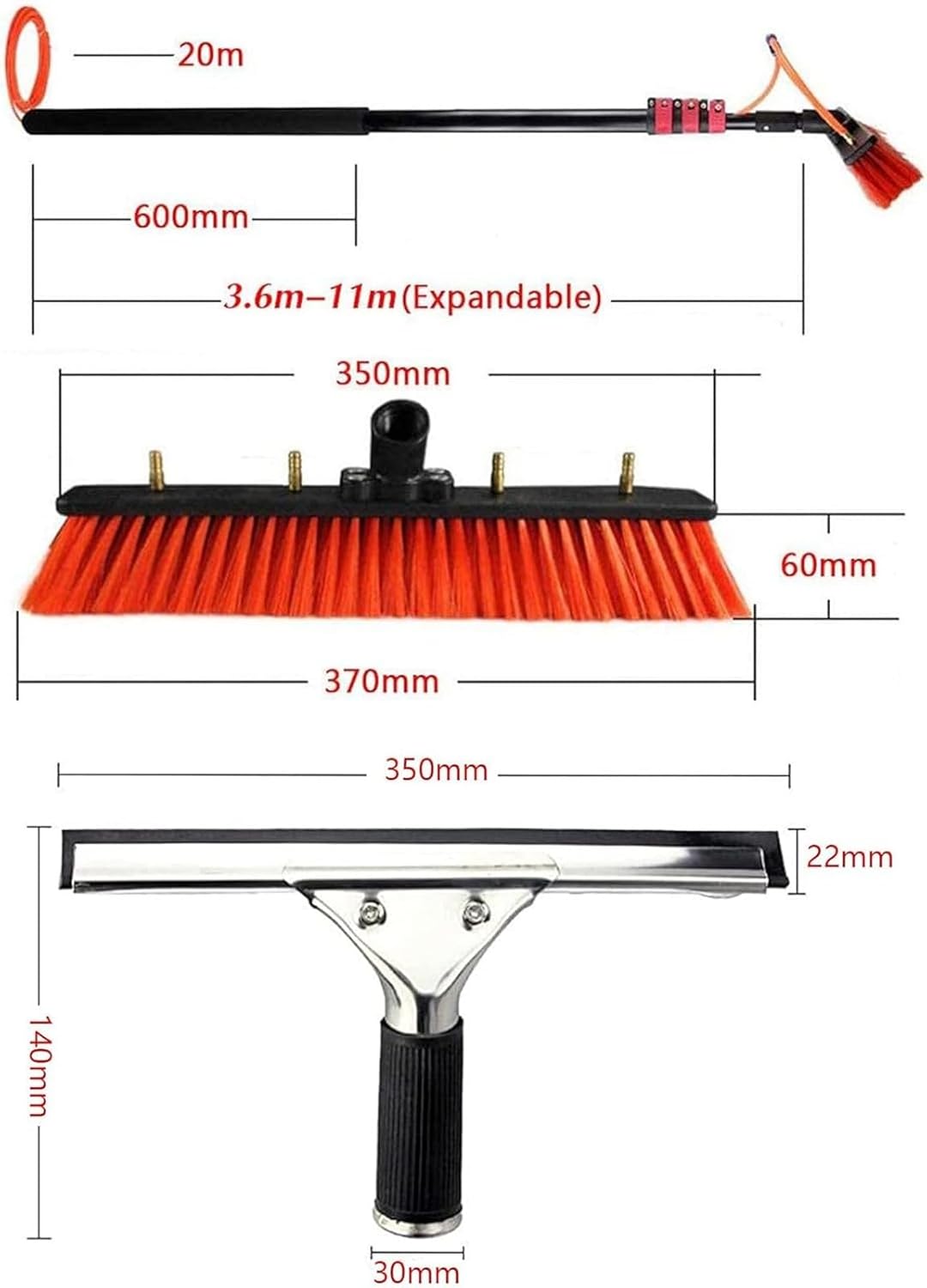 Window & Solar Cleaning Washing Pole Kit, Water Fed Cleaning System with 20M Hose and Squeegee, Washing Set Equipment Extension Pole Cleaning for Trucks Windows(3.6 M/11.8 Ft)