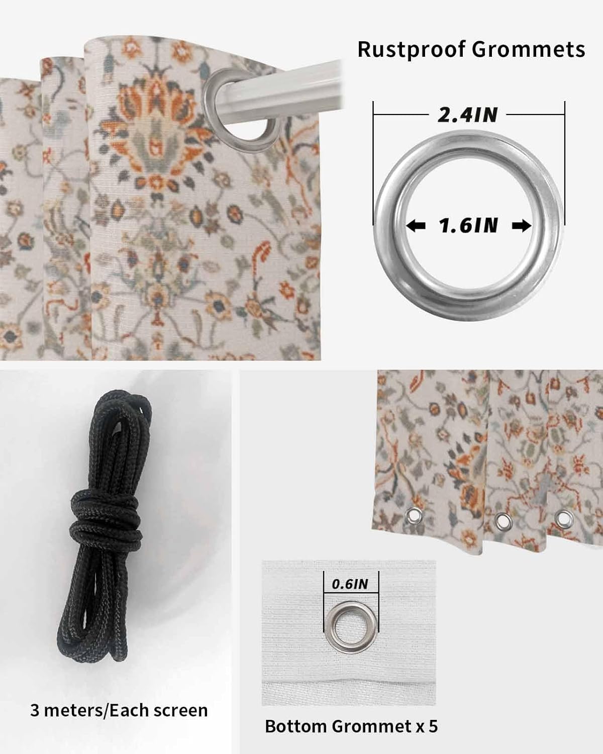 Boho Flower Outside Curtains Waterproof With Tiebacks Bottom And Top Grommets, Privacy Patio Drape Sunlight Blocking Shade Drapery For Porch Balcony Vintage Ethnic Mandala Floral Boho 54"x108"