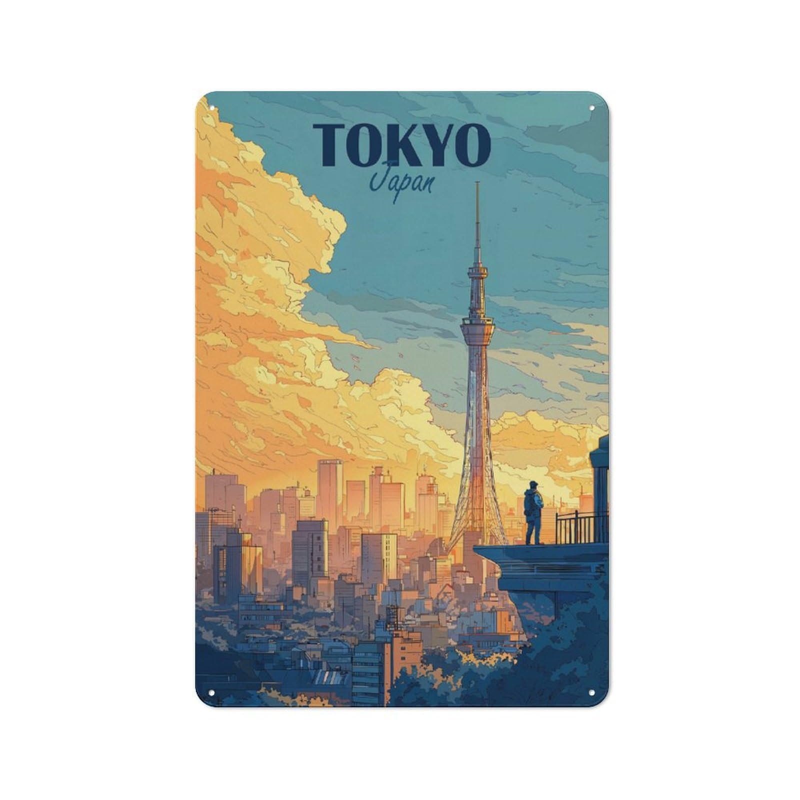 Tokyo Japan Cityscape Decorative Metal Plaque, Bright Printed Design, for Washroom, Small Wall Space Or Hallway, 30x20cm