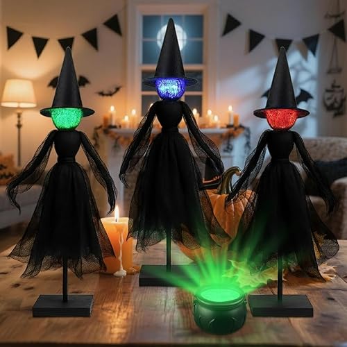 Halloween Decorations Indoor Witch Decor Wooden Set – 4 Primitive