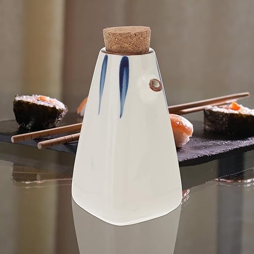 Miniatura 7 de Hemoton Botella dispensadora de aceite de cerámica japonesa de 7.4 fl oz, 3 unidades de loza Ponzu, dispensador de vinagre con tapón de madera,