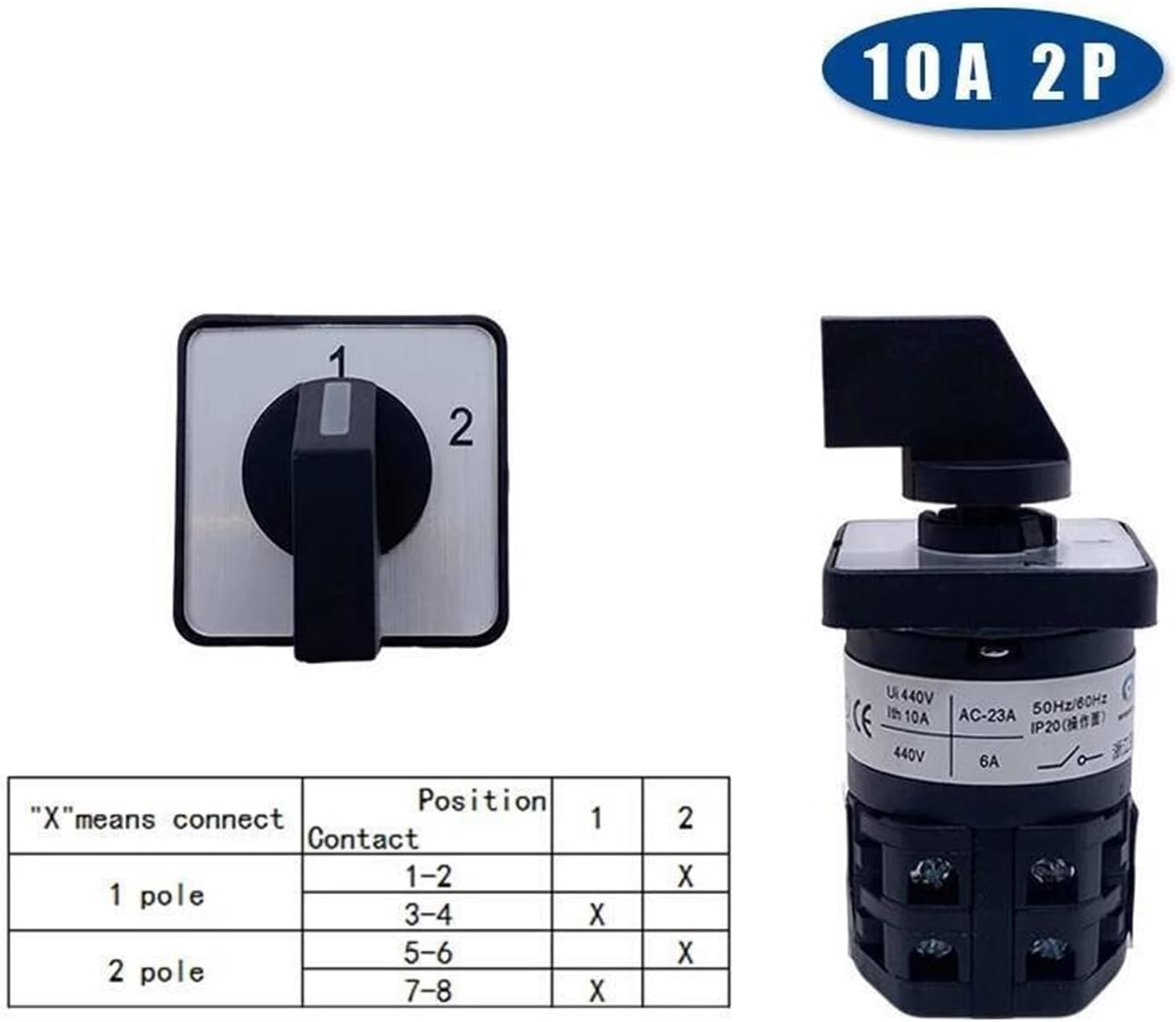 LW26-10/5 Changeover Selector LW28 Series 1-5 Poles 10A Silver Power Control Rotary Cam Switch(2P 8Terminal-1 2)