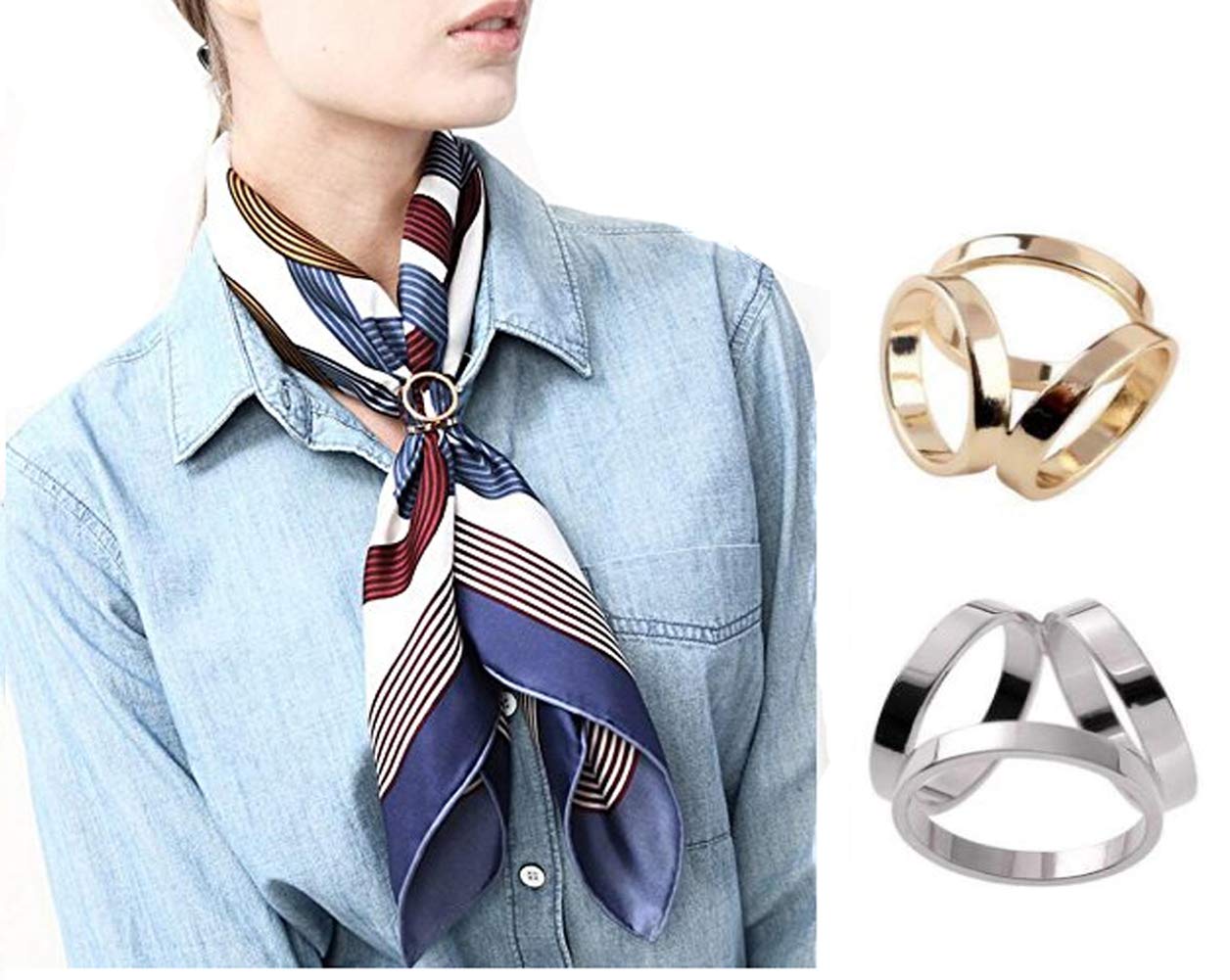 2 PCS Fashion Scarf Three Ring Buckle Modern Simple Triple Slide Jewelry Silk Sarf Clasp Clips Clothing Ring Wrap Holder for Women Lady (Sliver+Golden)