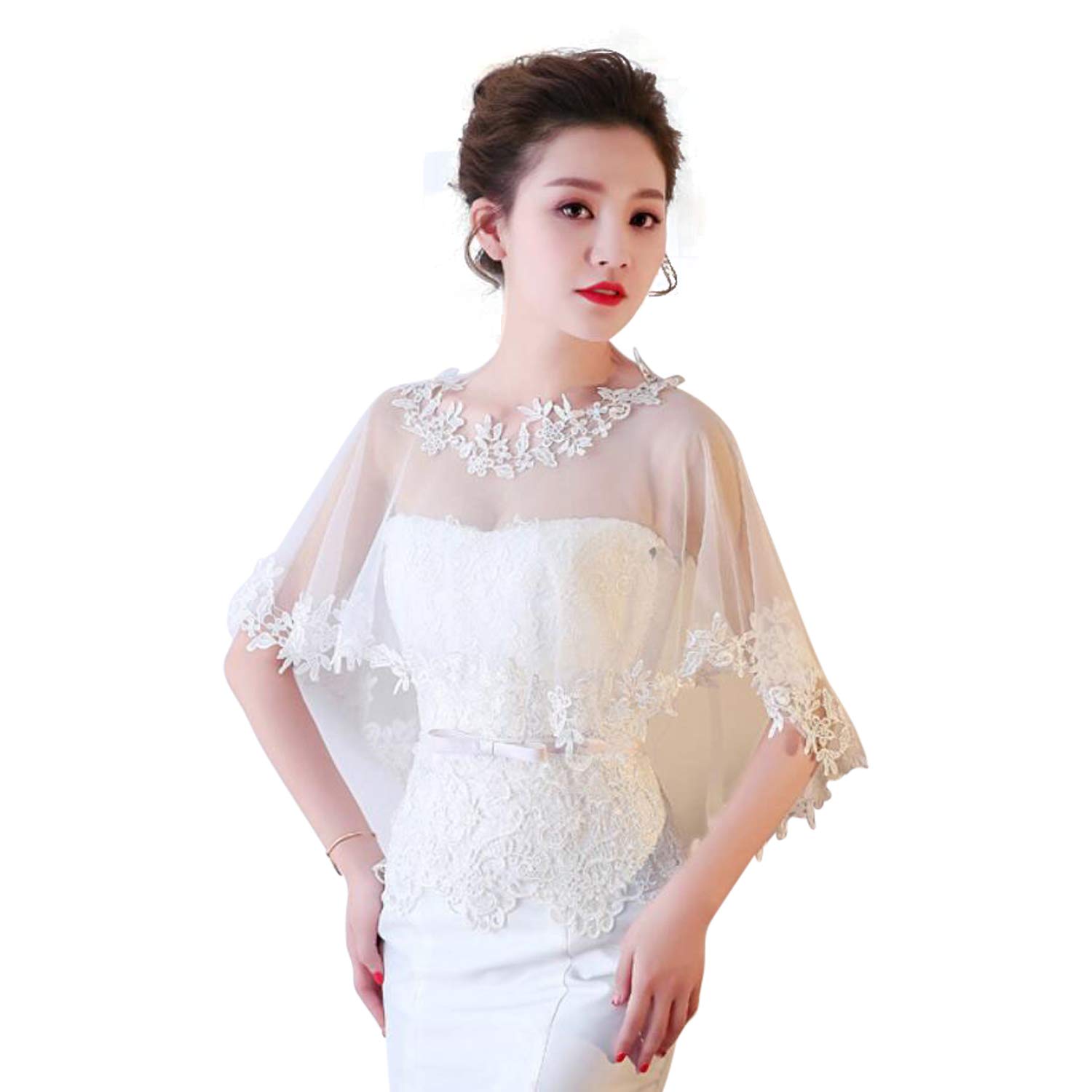 Central Chic Handcrafted Wedding Ivory Lace Tulle Trim Bridal Shawl Wrap Stole Shrug Bolero Jacket