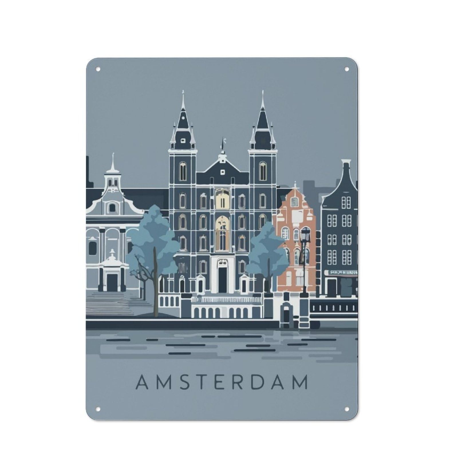 Junmoney Amsterdam Cityscape Retro Metal Wall Sign 40X30cm With For Living Room Wall, Housewarming Wall Decor For People Furnishing Living Room