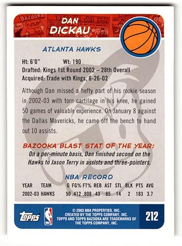 Miniatura 2 de 2003 Bazooka #212 Dan Dickau Atlanta Hawks Basketball Cards EXNM Basketball Card