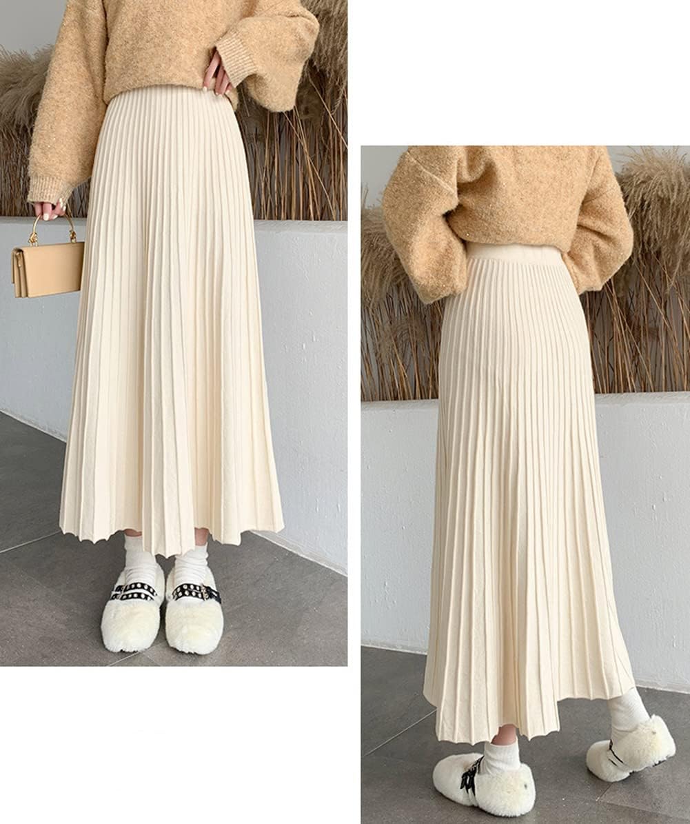 CHARTOU Women's Fall Winter High Waist Pleated A-Line Maxi Long Knit Sweater Skirt