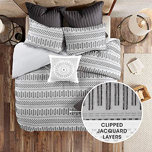 Image of INK+IVY Rhea 100% Cotton Duvet Set Mid Century Modern Boho Design, All Season Comforter Cover Bedding Set, Matching Shams, King /Cal King, Geometric Clipped Jacquard Grey 3 Piece