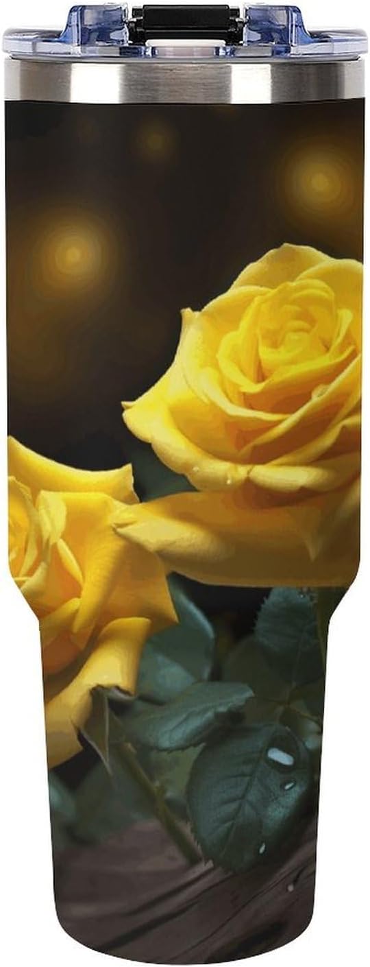 Beautiful Yellow Roses Tumbler Stainless Steel Large Car Cup with Handle&Straw Lid Portable Coffee Cup Leak-proof Water Bottle Insulated Vacuum Travel Mug for Home Outdoor 40oz