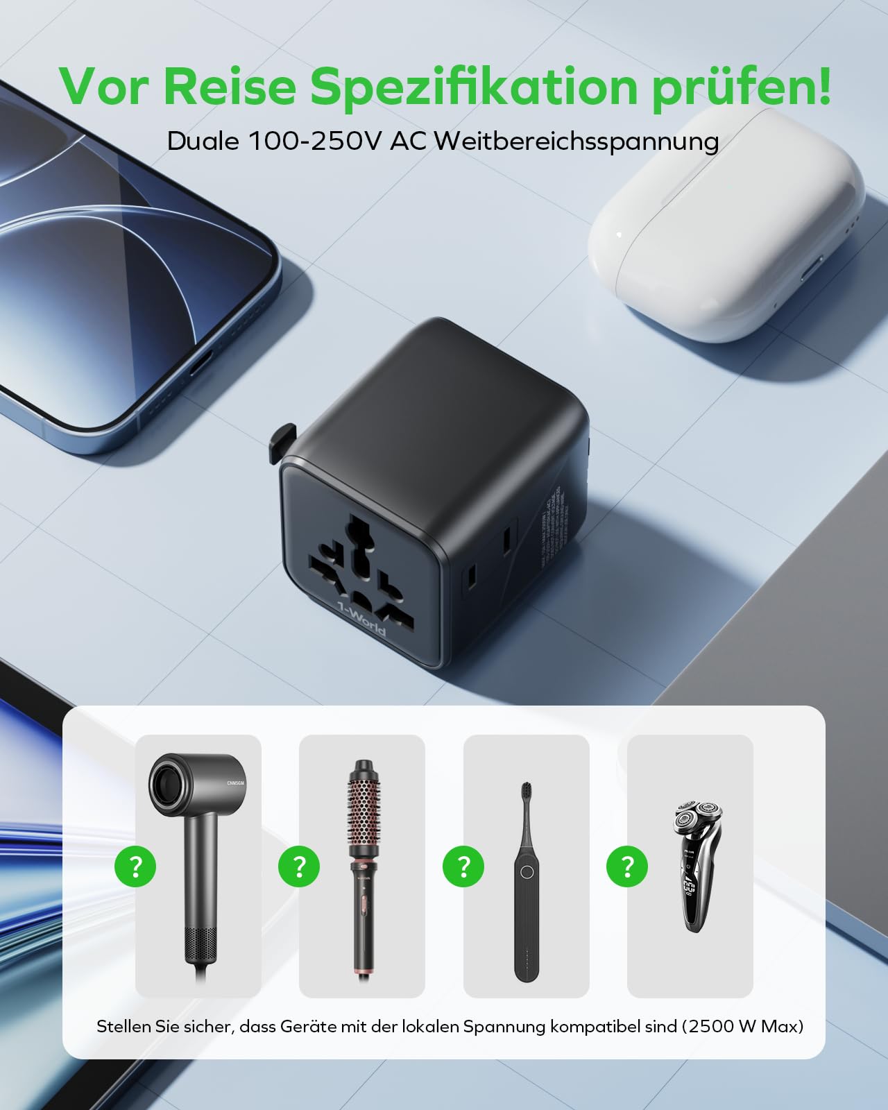 MOMAX Klein Reiseadapter Weltweit, 2 AC Travel Adapter Worldwide, 2-in-1 Universal Adapter für EU UK USA Japan (Ohne USB-Anschluss)