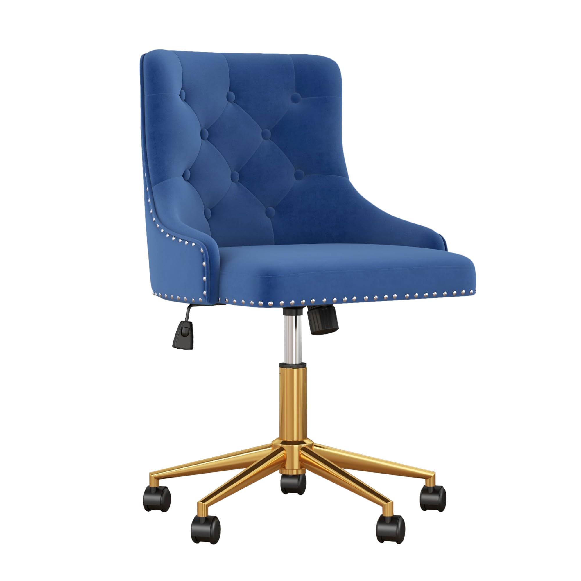 Velvet Armless Home Office Desk Chair, Swivel Height-Adjustable Small Cute Vanity Chair for Women/Girls, Comfy Makeup Chair with Rivet and Gold Base