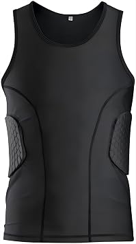 Men's Padded Compression Shirt - Football Chest & Rib Protector with Heart Guard for Contact Sports - Black - S