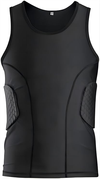 Men's Padded Compression Shirt - Football Chest & Rib Protector with Heart Guard for Contact Sports - Black - S