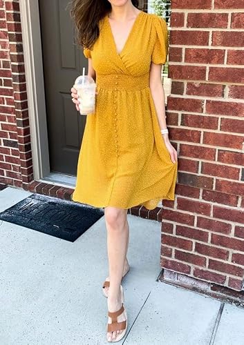 Prettygarden Casual Summer Dresses For Women Floral Midi Dress Polka Dot Short Sleeve Wrap Dress High Low Hem Summer Button Down Dress For Women Plus Size Sundress (Yellow, X_Large) #TOP22