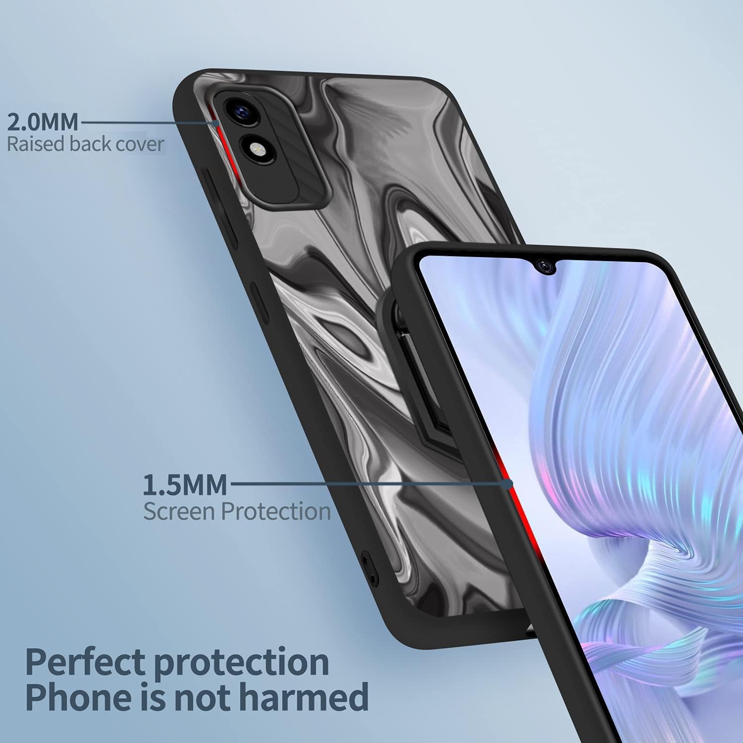 Soft TPU Case for BLU C5l Max 2024 with Sturdy 360° Ring Grip Finger Holder Built-in Kickstand, BLU C5L Max Phone Cover | Support Magnetic Car Mount | Black Curved Grey Wavy Painted for Men
