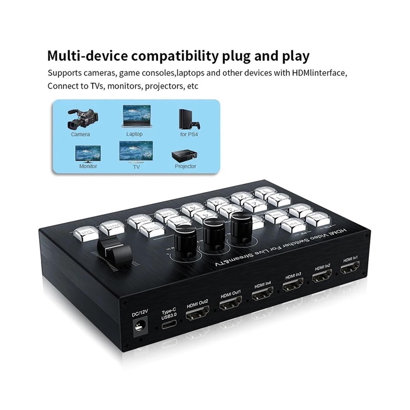- Switcher video 4K 4 canali Multi telecamera Streaming Produzione live Mixer video Switcher Stazione di trasmissione Tipo C Registrazione per lo streaming di giochi e la registrazione multi-sorgente