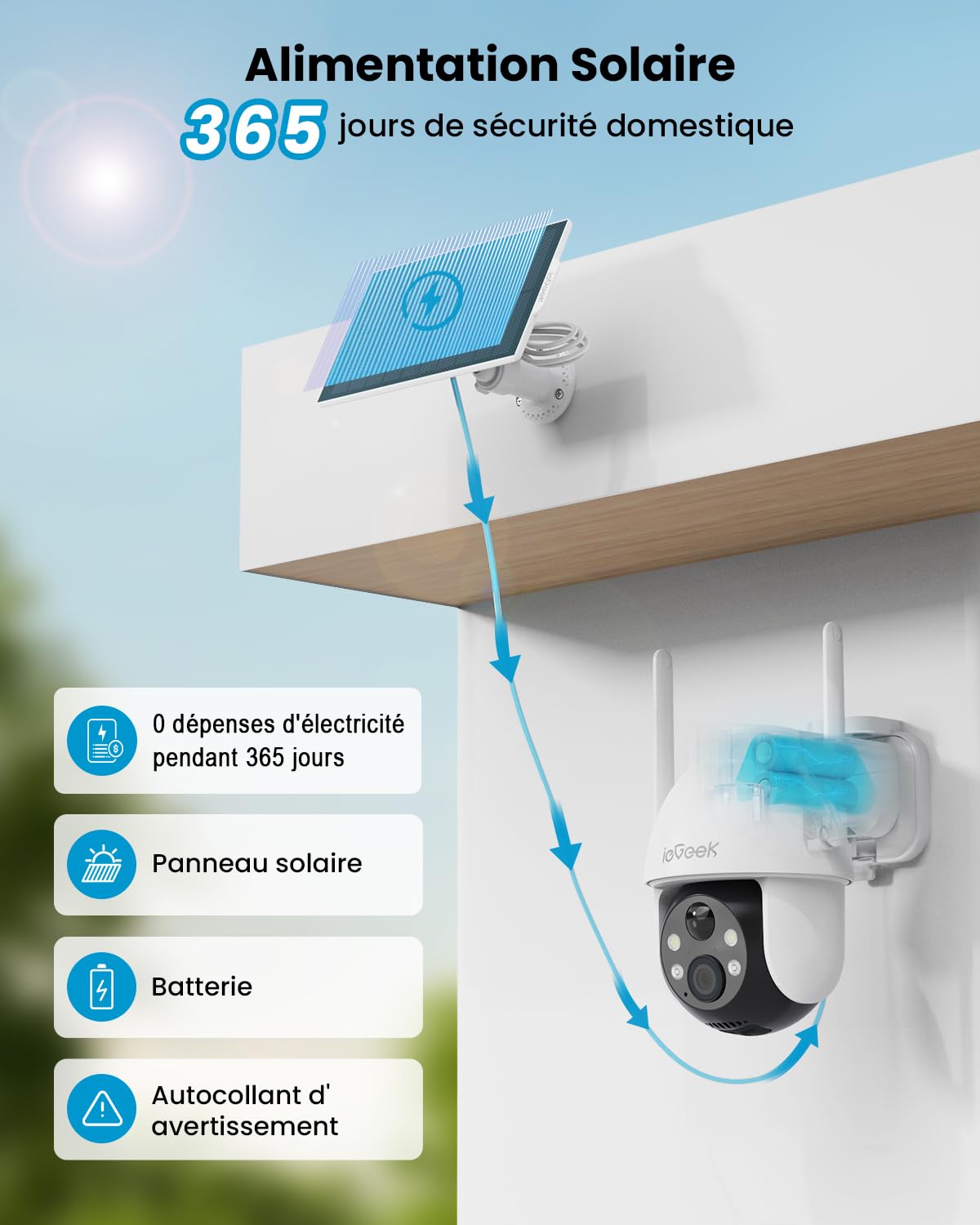 ieGeek 2K Caméra Surveillance WiFi Extérieure sans Fil 3MP 360° PTZ Solaire 15M Nocturne Couleur PIR/AI Détection Audio Bidirectionnel Alexa WiFi6 IP66