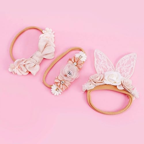 Miniatura 7 de cherrboll 3 diademas de flores para bebé súper suaves y elásticas de nailon floral para recién nacido
