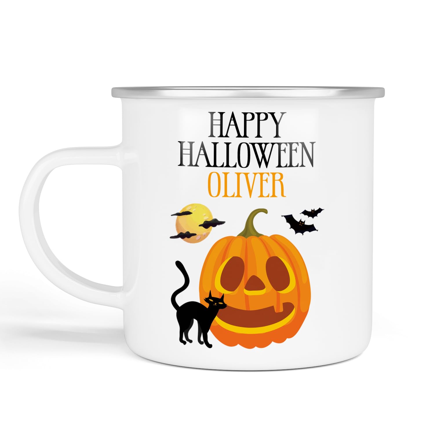 Personalised Halloween Enamel Mug | Pumpkin | Custom Halloween Gift, Happy Halloween Name | Kids Halloween Enamel Mug, Halloween Party Favour