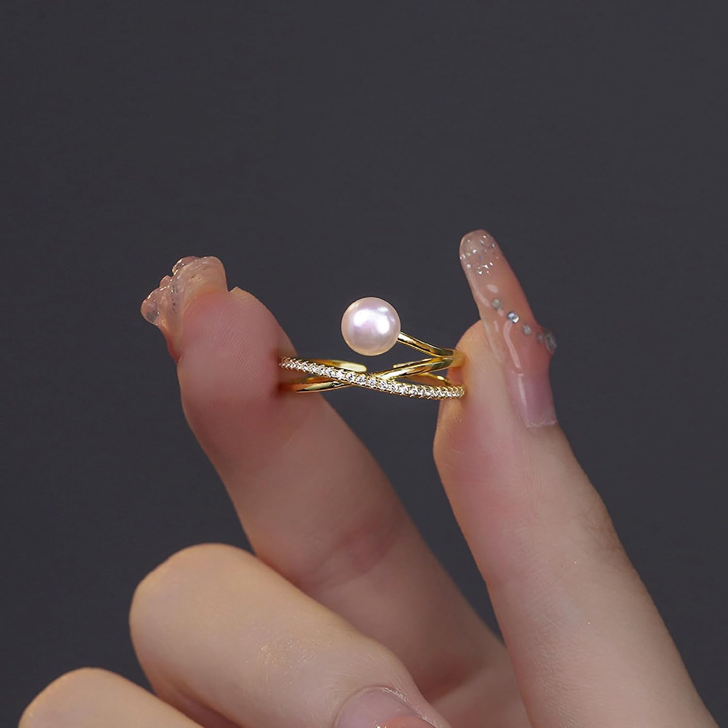 6mm Pearl Ring for Women Dainty X Criss Cross Gold Pearl Ring Stackable 925 Sterling Silver Cubic Zirconia Open Ring Promise Rings for Mom Birthday Mother's Day Easter Wedding Jewelry Gifts