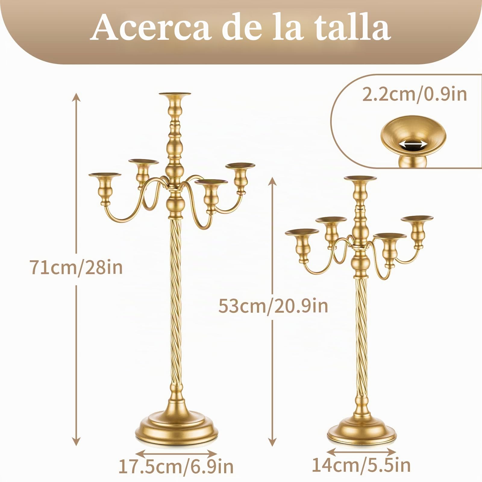 Sziqiqi Candelabros Dorados de Mesa, Lote de 2, 5 Brazos, para Velas, 71 cm | Candelabro de Metal con Varilla Roscada, Montaje Sencillo con Instrucciones, para Decoración de Boda, Festiva, Eventos