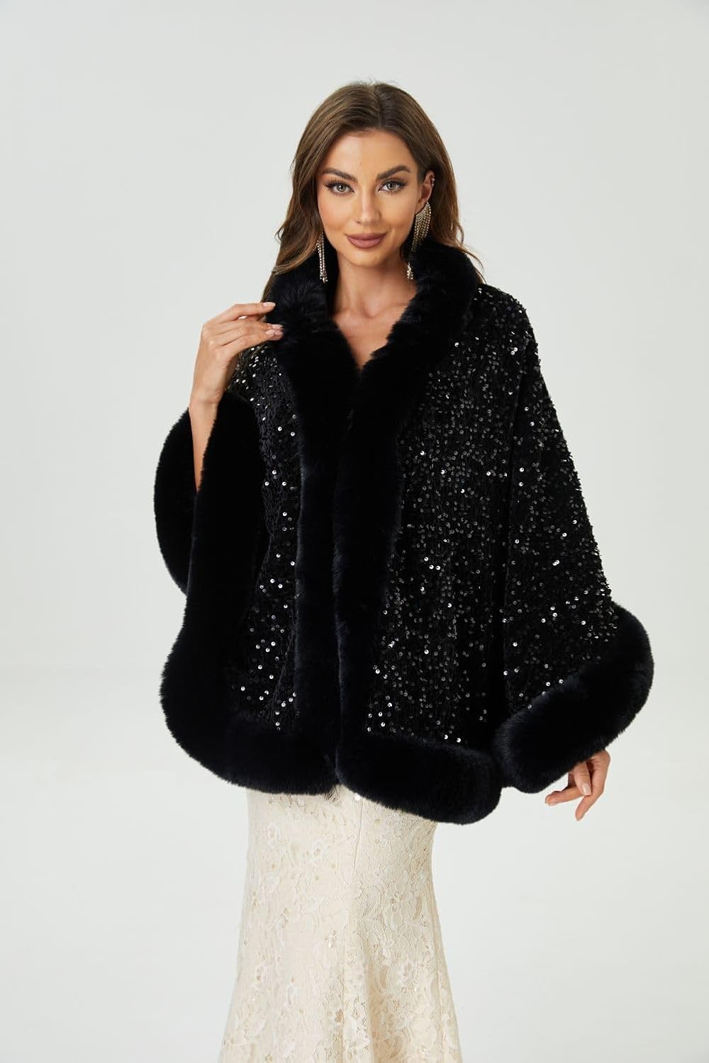Datangep Women Fashion Sequins Faux Fur Wraps Shawls Stoles Cape for Prom Evening Party dress Outwear Coat - Image 8