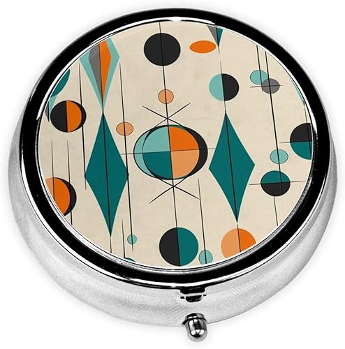 Pastillero redondo con estampado geométrico de mediados de siglo, 3 compartimentos, pastillero portátil para medicina diaria, suplemento vitamínico