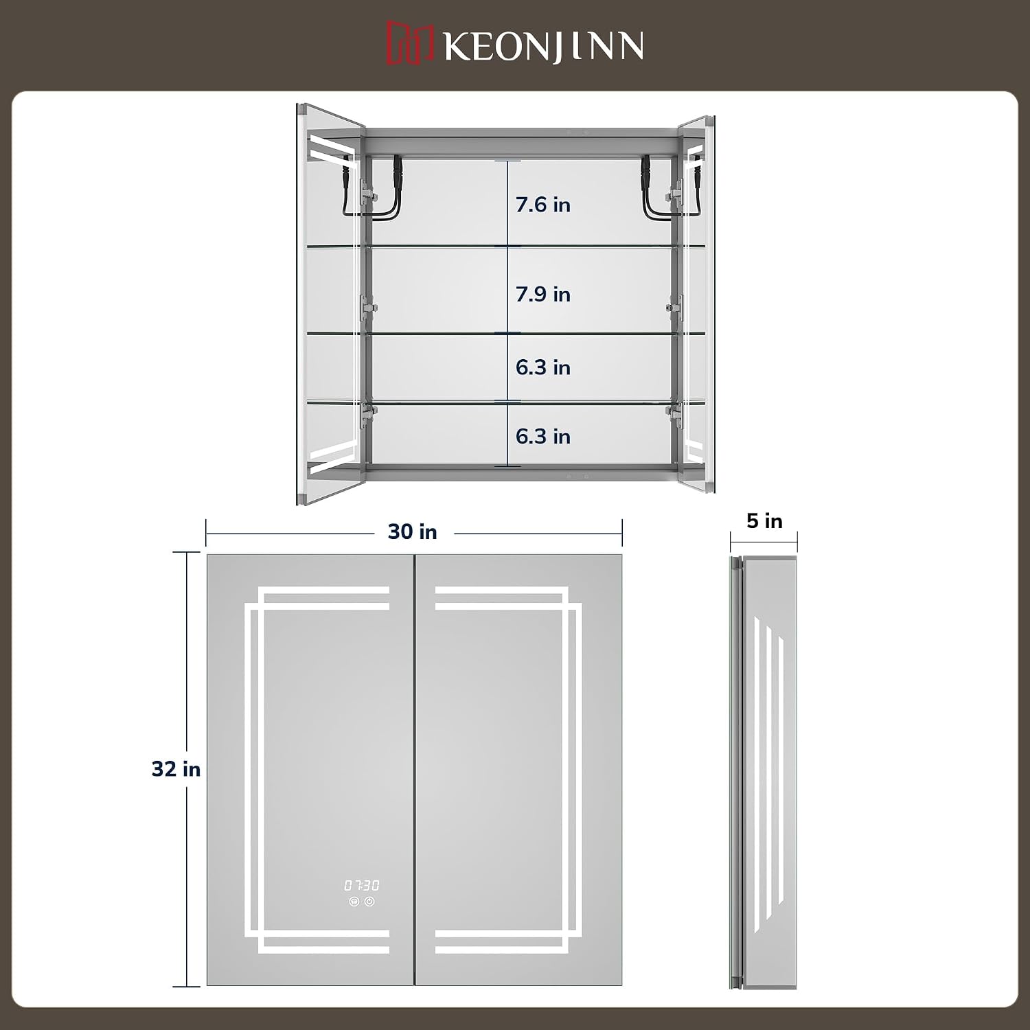 Keonjinn 30 x 32 Inch Lighted Medicine Cabinet with Lights, Tempered Glass image 2