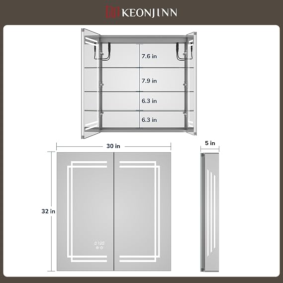 Keonjinn 30 x 32 Inch Lighted Medicine Cabinet with Lights, Tempered Glass
