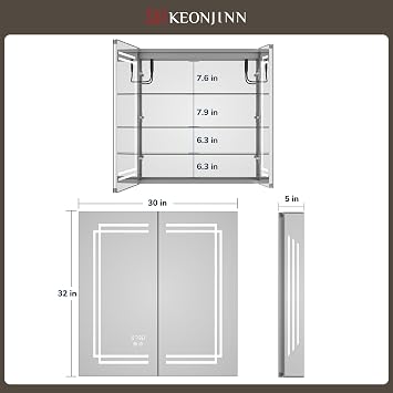 Keonjinn 30 x 32 Inch Lighted Medicine Cabinet with Lights, Tempered Glass