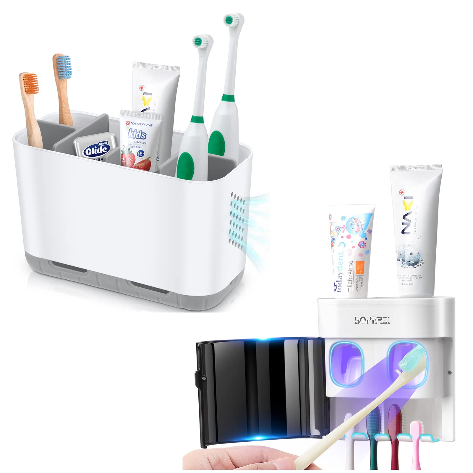 Boperzi Toothbrush Holders and Toothpaste Dispenser, Bathroom Counter Organizer Large Toothpaste Organizer Storage Caddy for Vanity Shower Kids Family