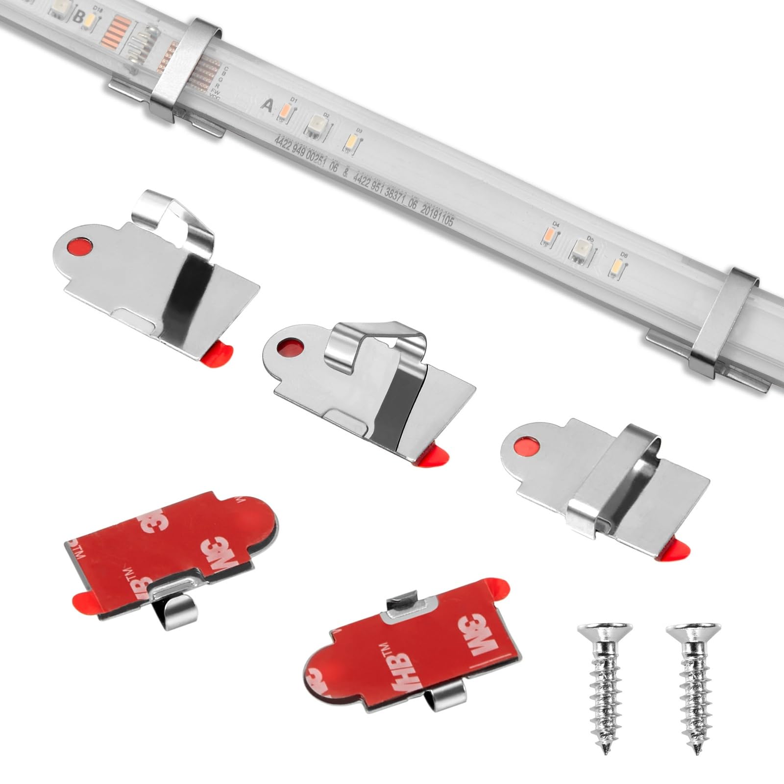 Threetwofour 100 Pack Double Fix LED Tape Light Mounting Bracket Self Adhesive LED Strip Clips Use for Width 10-17mm/0.39-0.66in Height<5.0mm/0.19in Silicone Tube Outdoor LED Strip Light with Screws