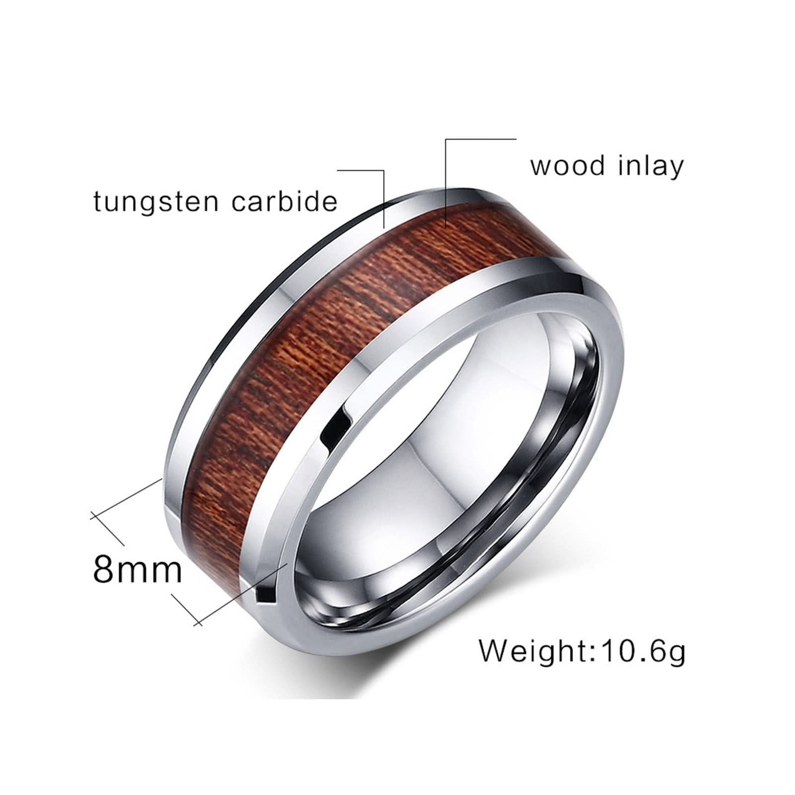 Anillo Matrimonio, Anillos Mujer Bisuteria Anillo de Banda de 8mm con Incrustaciones de Madera Carburo de Tungsteno