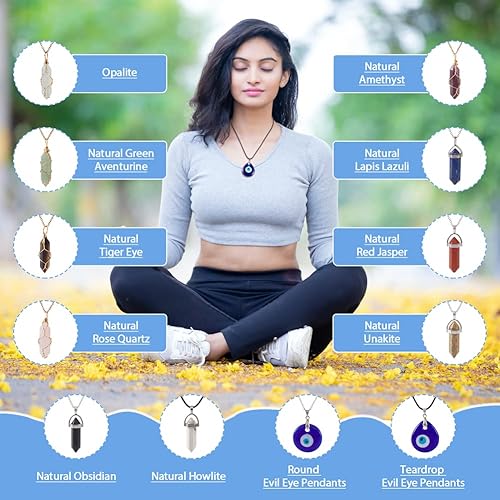 Miniatura 4 de Juego de collar de cristal curativo, dije de piedras preciosas sintéticas naturales, collar de mal de ojo, collar con dije hexagonal de piedra