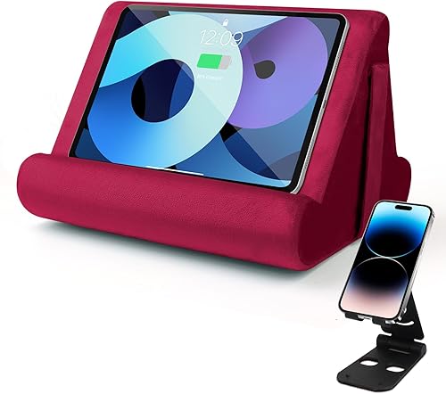 Soporte para tablet multiángulo con almohadilla suave y bolsillo de red, soporte universal para teléfono y almohadilla para regazo, rodilla, sofá y