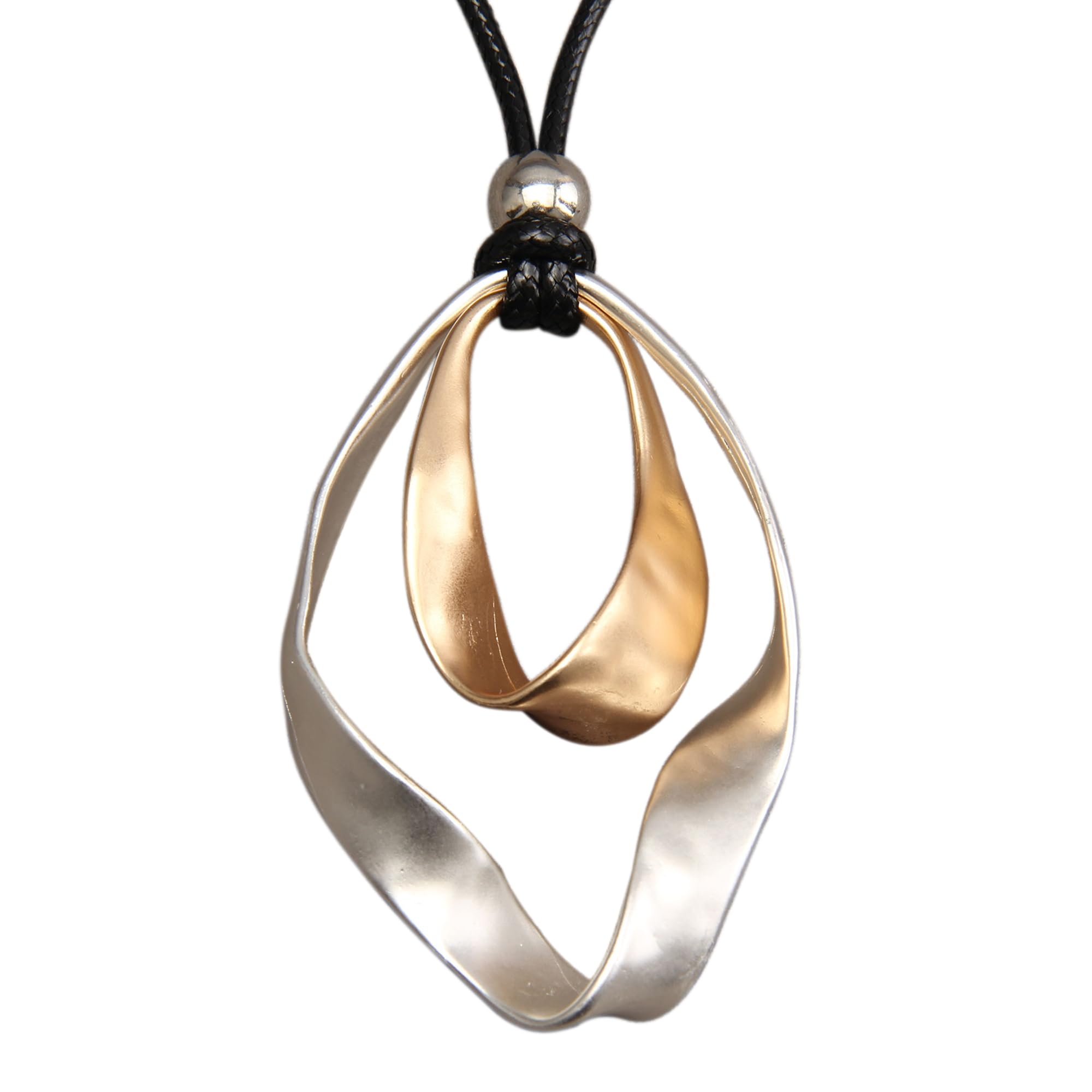 AZORA Handmade Bronze Color Multiple Ring Pendant Necklace Boho Style Long Leather Rope Sweater Necklace for Women