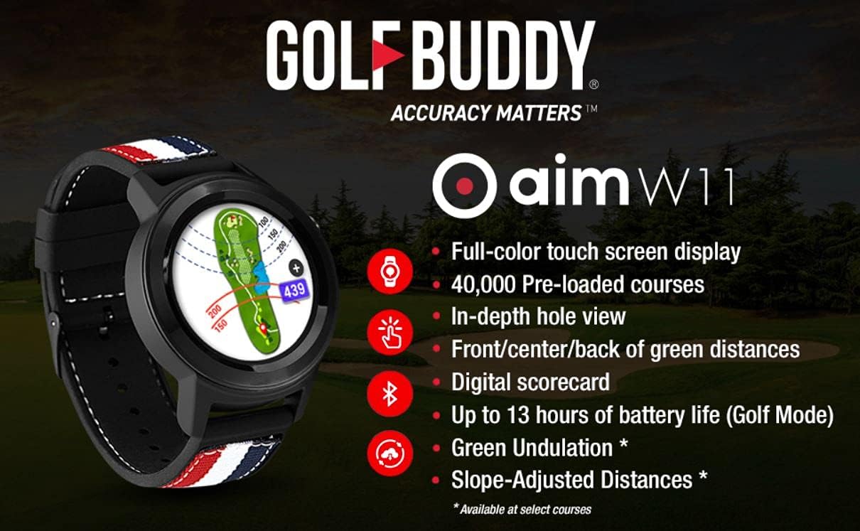 Golf Buddy Aim W10 GPS Watch, Advanced Smart Golf Watch, Full-Color Touch Screen, 40,000 Preloaded courses, Red/White/Blue & Black Wristband : Electronics