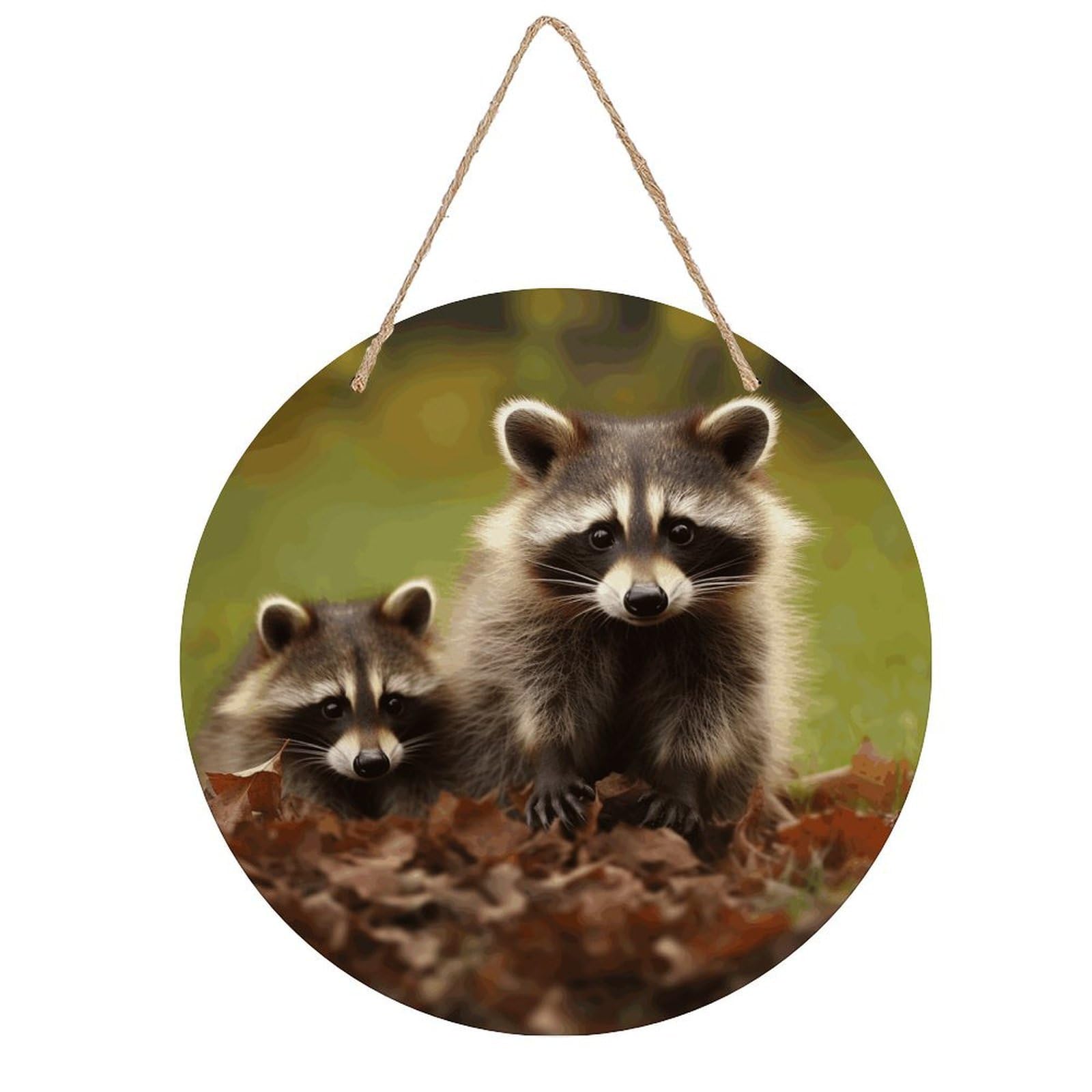 VstaDank Raccoon Wall Art Decor with Ropes Wooden Hanging Sign Hanging Wall Decor Artwork Round Wood Painting Modern Wall Prints Decor Picture for Office Bar Home Decors